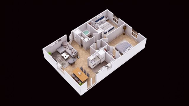 An aerial view of a floor plan of a house.