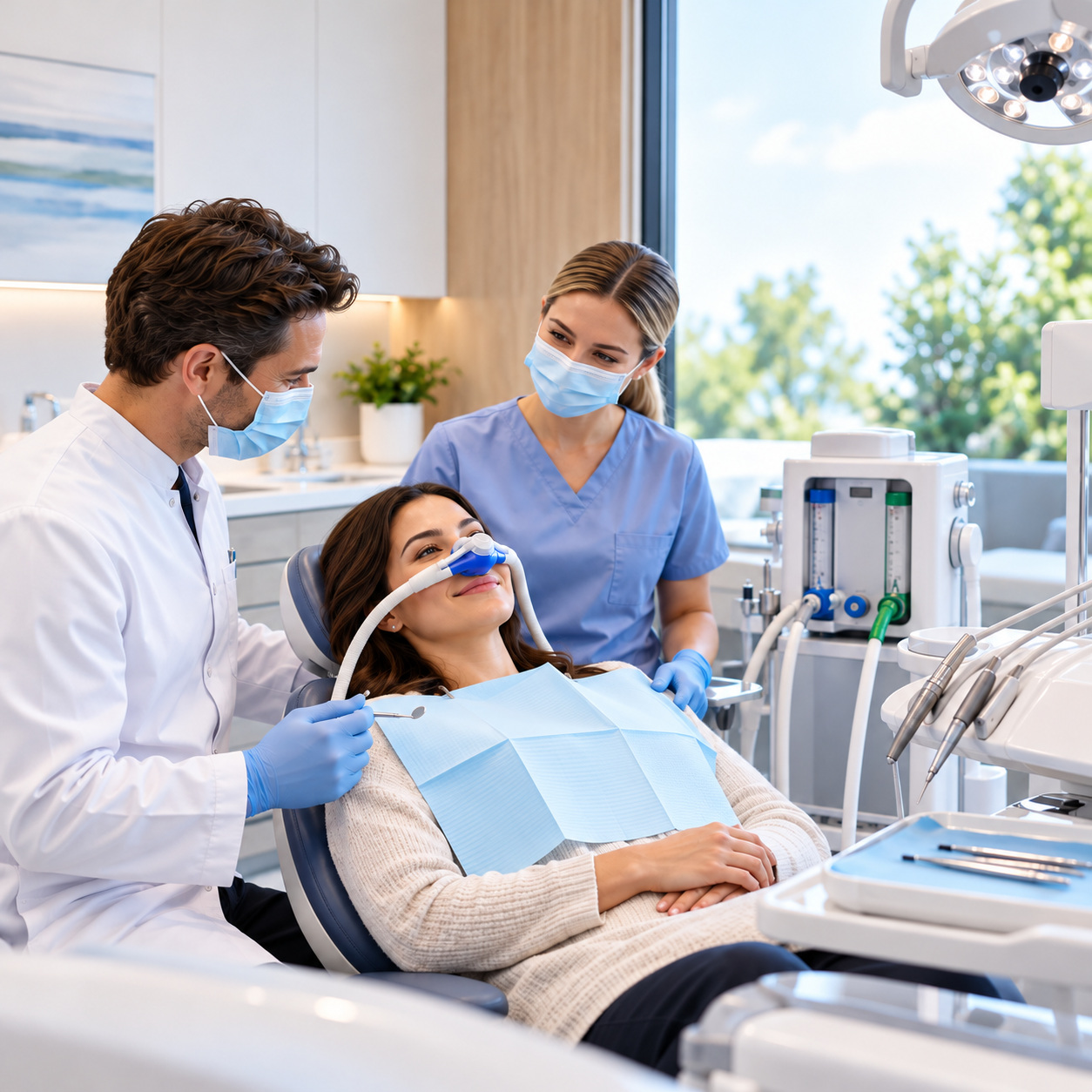 Dentista e assistente con paziente serena durante sedazione cosciente con mascherina nasale a Torino