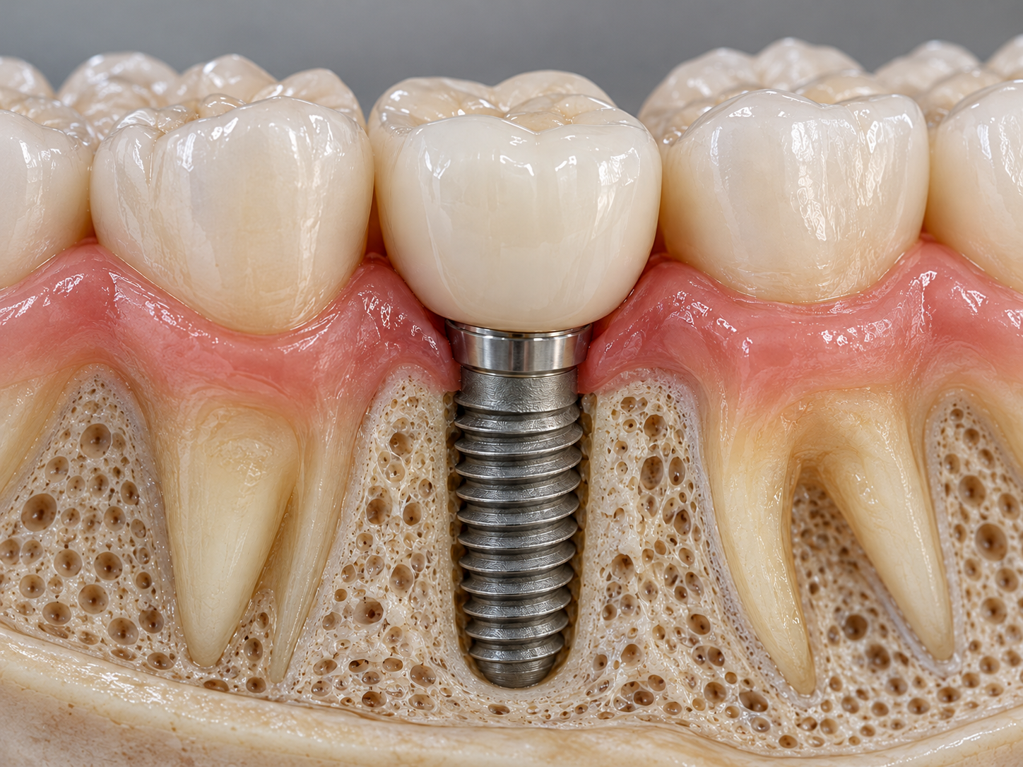 Impianto dentale in sezione: vite in titanio nell'osso con corona in ceramica tra denti naturali
