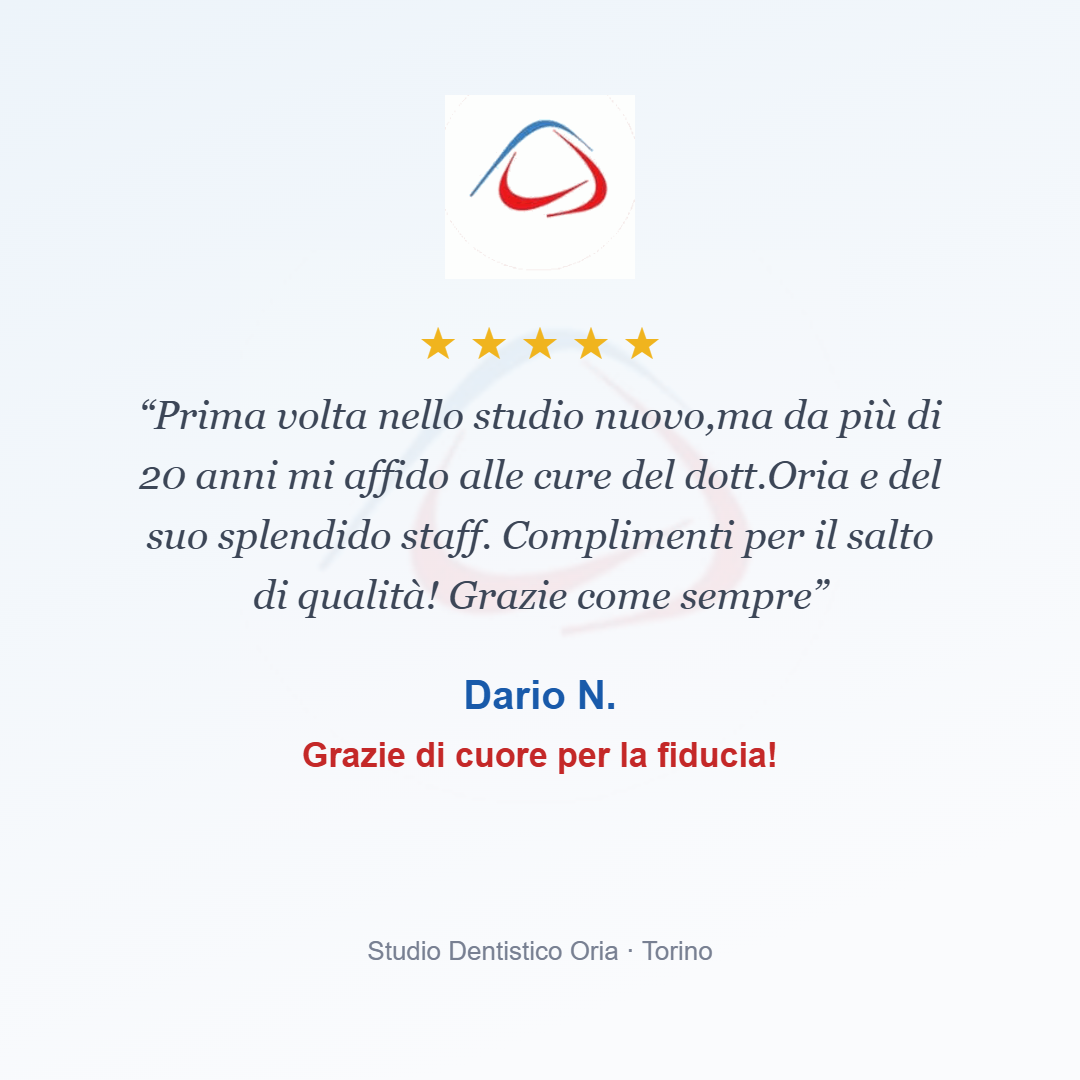 Recensione a cinque stelle di Dario N. allo Studio Dentistico Oria di Torino: grazie per la fiducia!