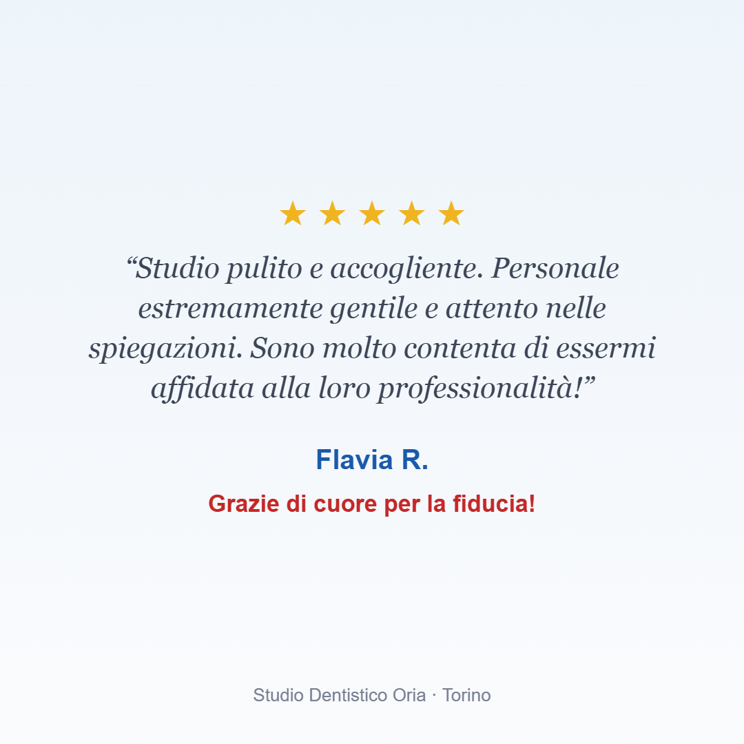 Recensione 5 stelle di una paziente dello Studio Dentistico Oria sulla protesi dentale a Torino, con