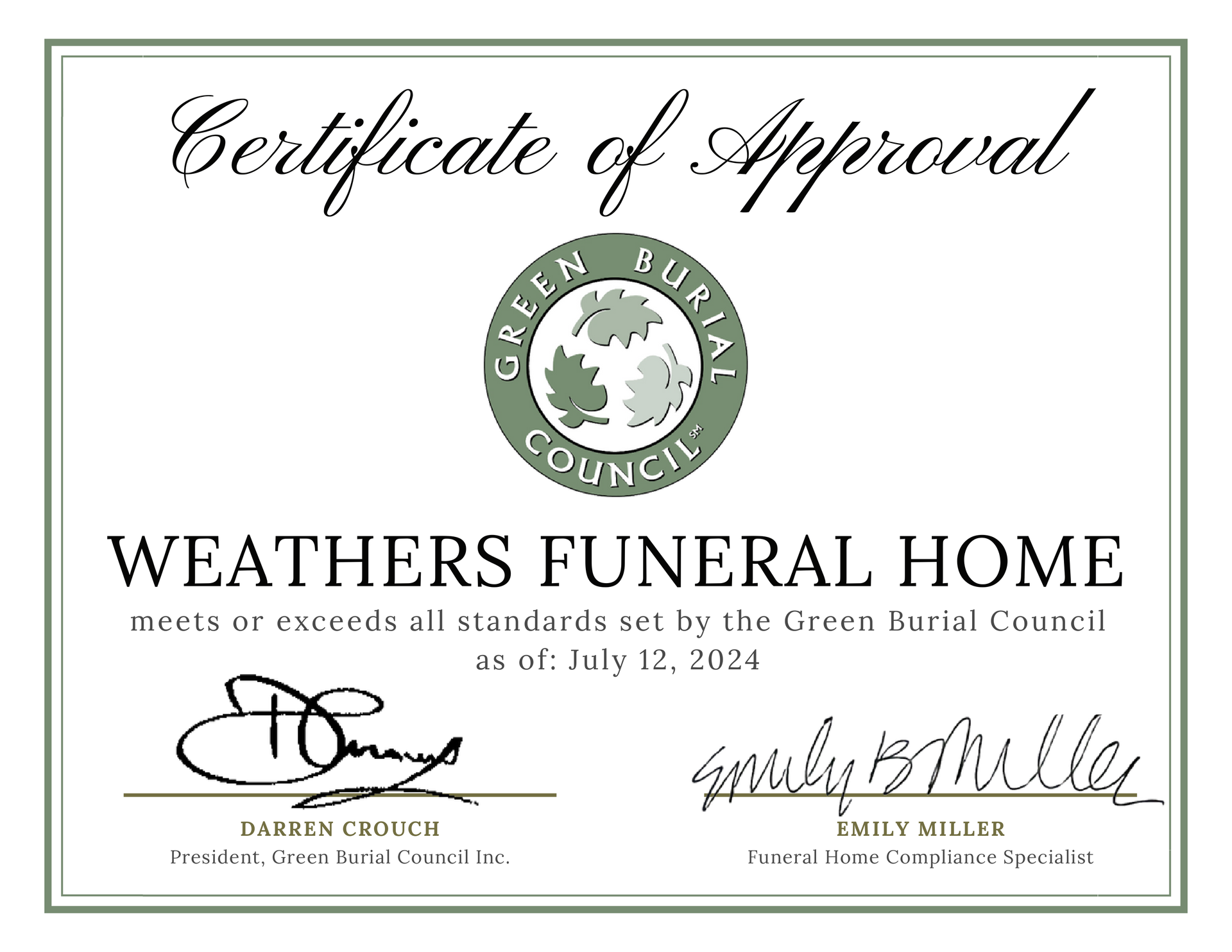 A certificate of approval for the weathers funeral home