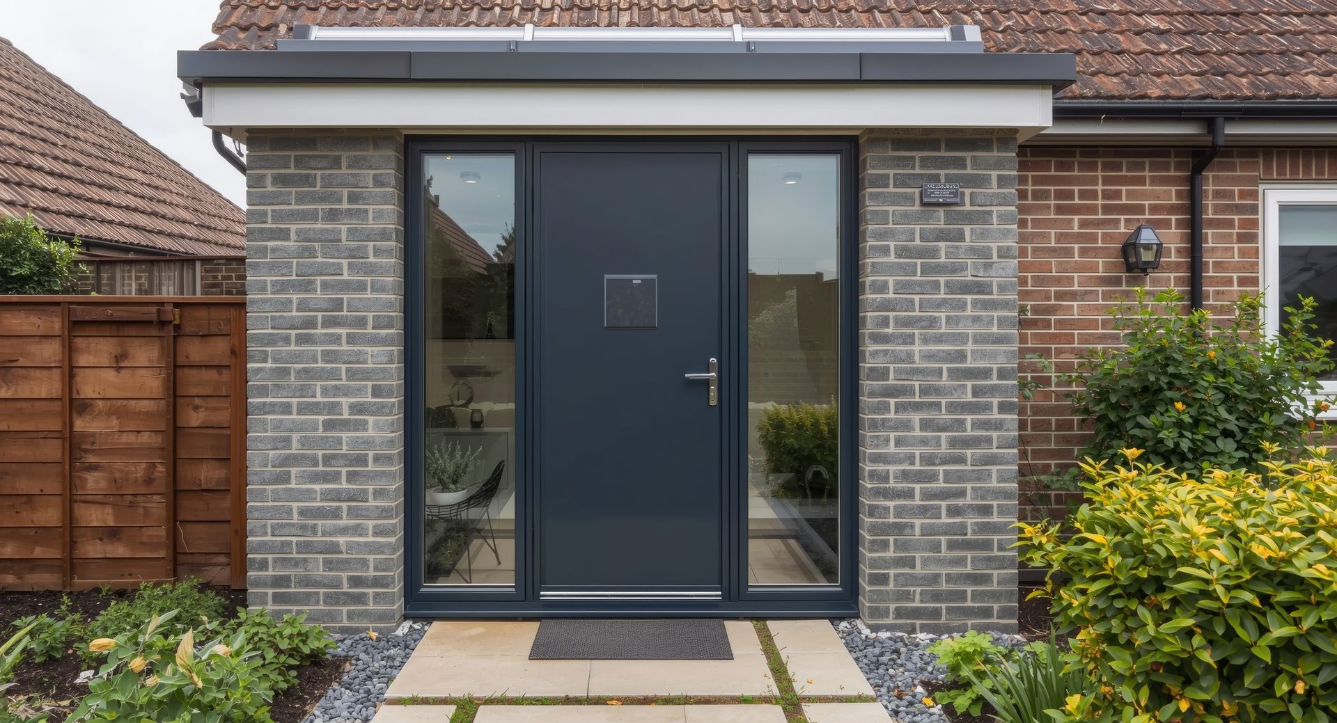 Modern brick home extension with dark front door and full-height side windows. Modern brick home extension with dark front door and full-height side windows.
