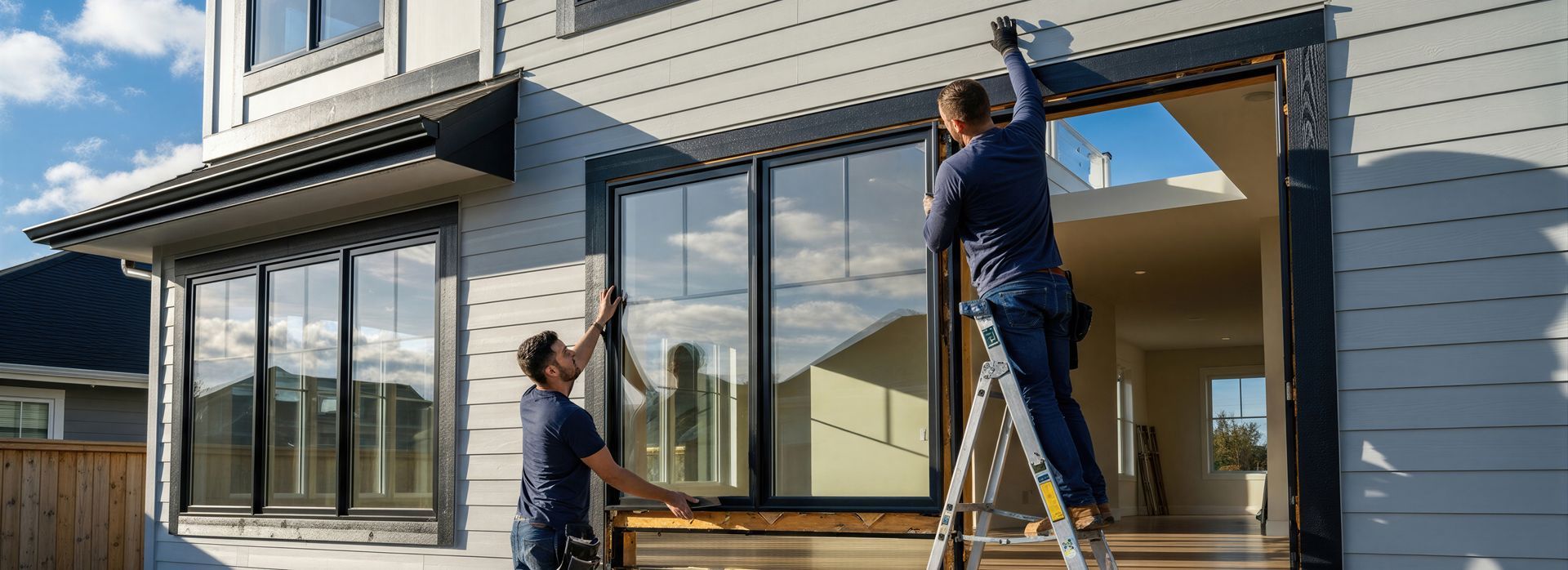 Two workers installing a large picture window in a modern home exterior.