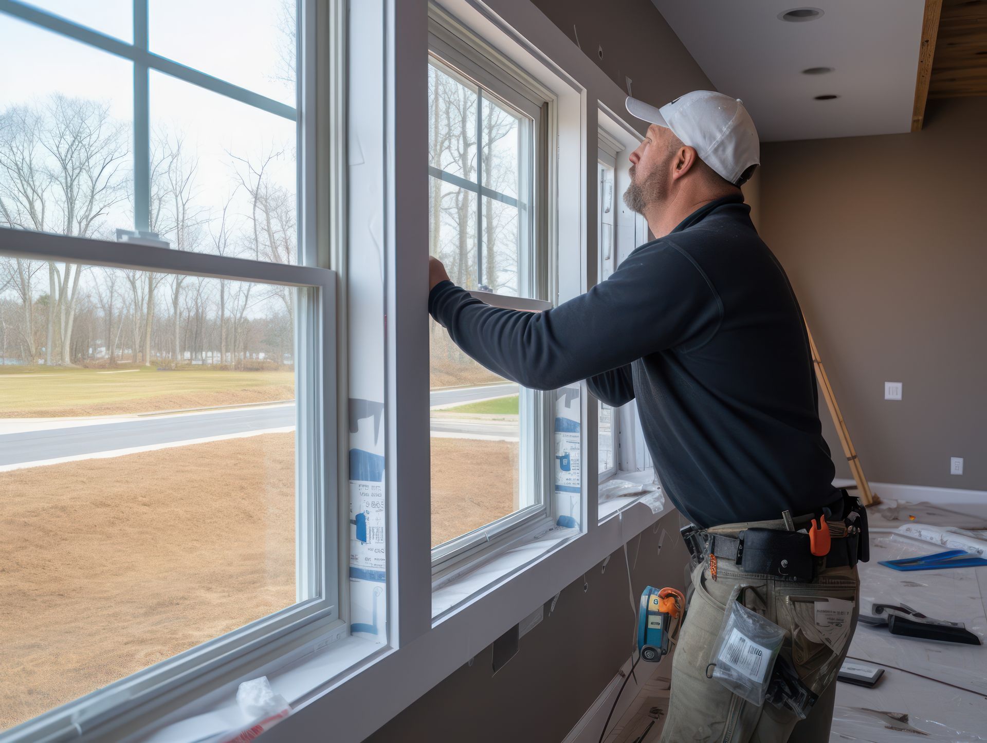 Person installing large replacement windows inside a residential room.
