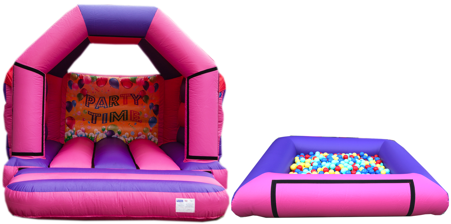 Blue and red bouncy castle and inflatable slide package for hire in shefford