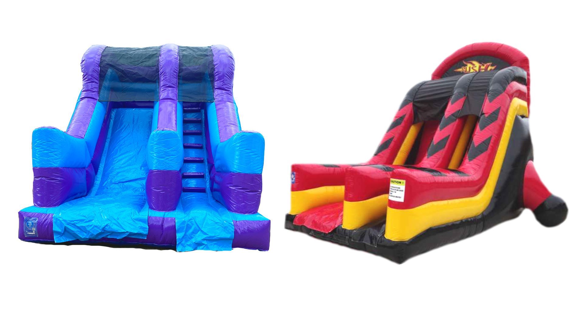 party slide blue and purple with balloons on the side and out 12ft rush slide with the extreme drop of a slide