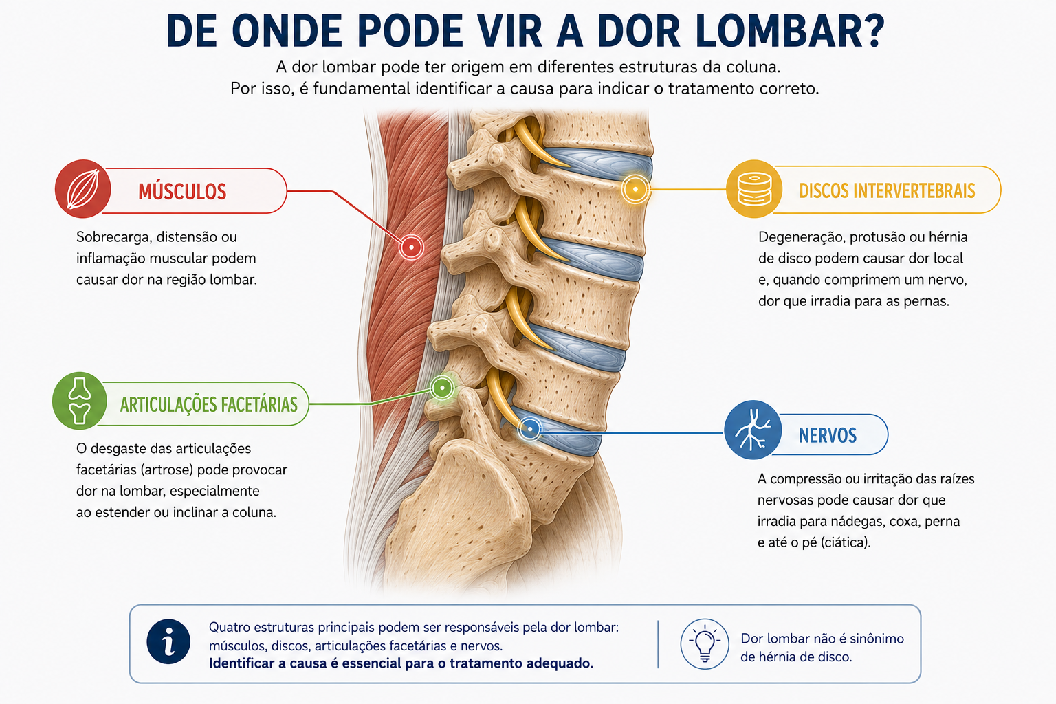 Ilustração mostrando as principais estruturas que podem causar dor lombar, incluindo músculos, discos intervertebrais, articulações facetárias e nervos.