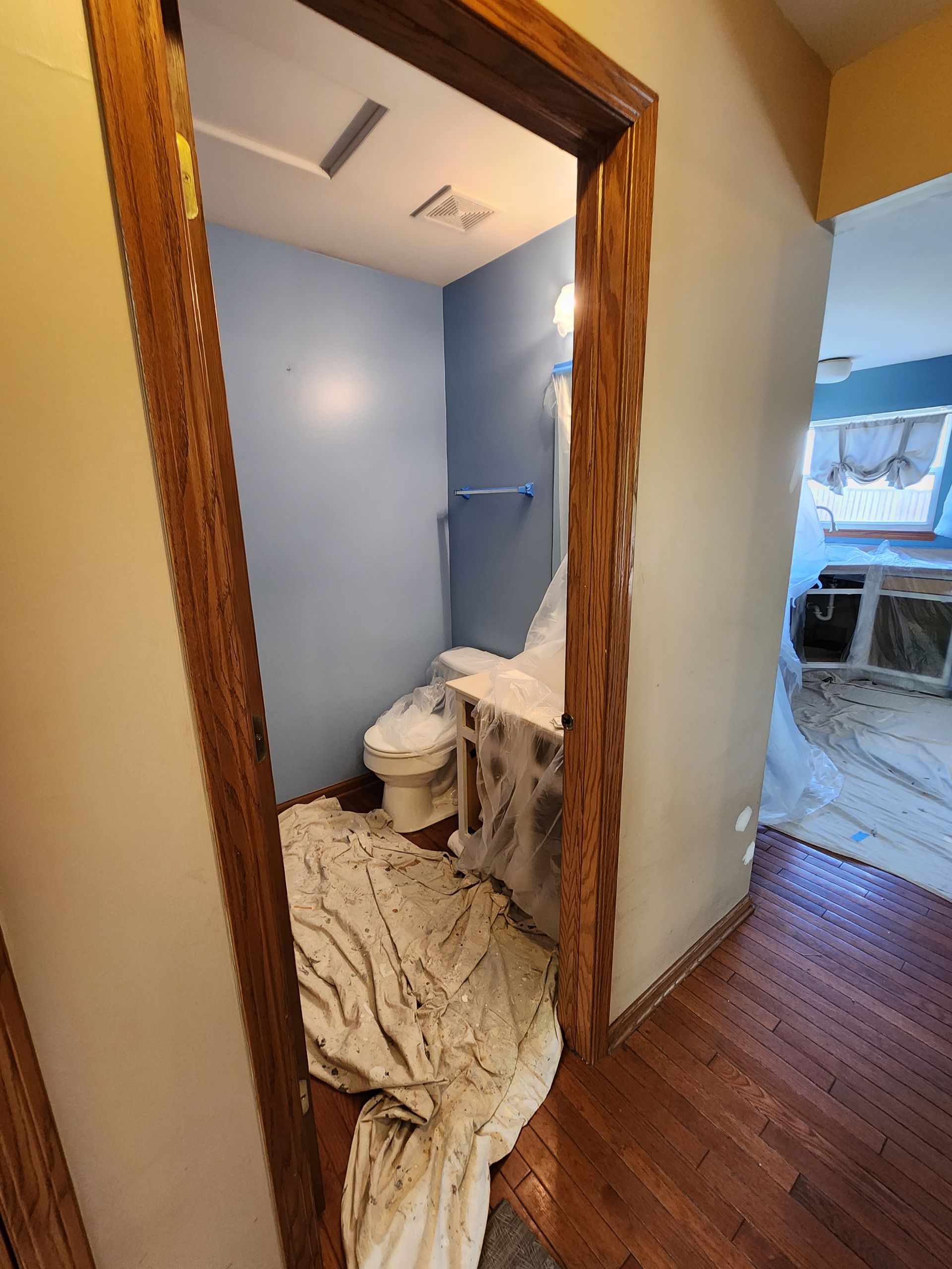 A bathroom with a toilet and a wooden floor is being painted.