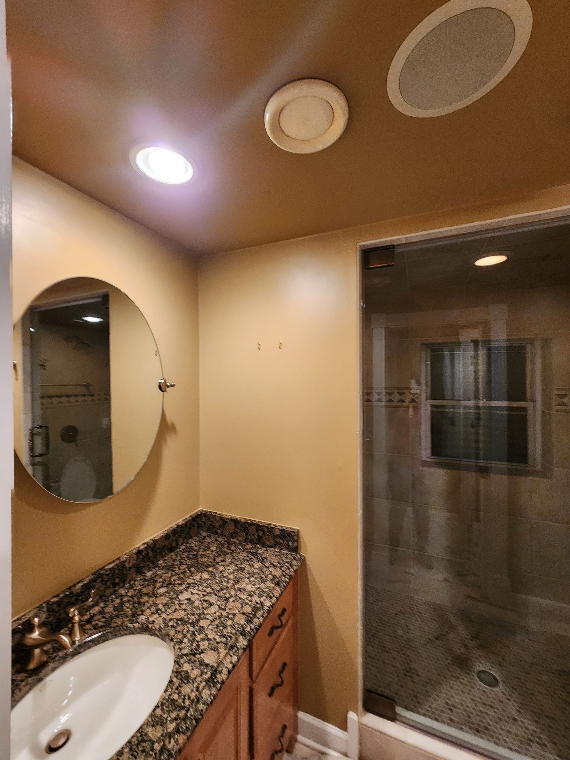 A bathroom with a sink a mirror and a walk in shower