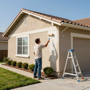 Person painting the exterior wall of a beige house beside a ladder on a sunny day