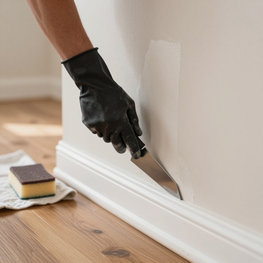 Black-gloved hand scraping paint from a white wall beside a baseboard, with a putty knife and sponge on the floor