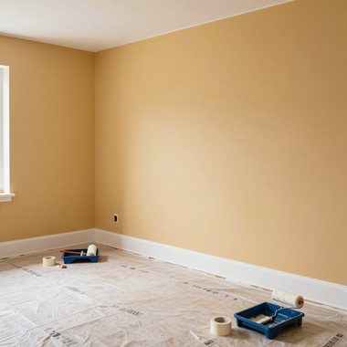 Empty room with beige walls, white trim, and paint supplies on a covered floor.