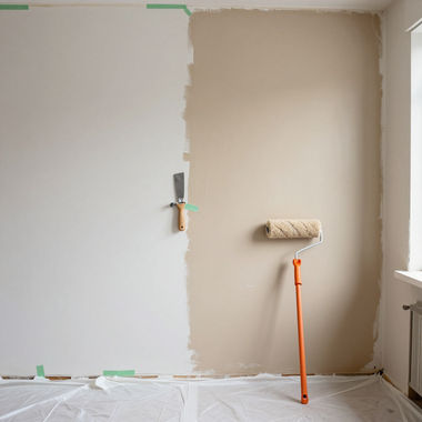 A room wall being painted, half white and half beige, with a paint roller and tray.