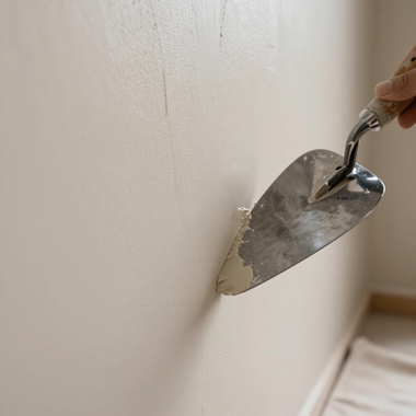 A hand uses a putty knife to scrape paint or drywall patch from a white wall.