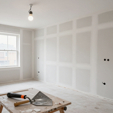 Bright unfinished room with drywall patches, window light, ceiling bulb, and tools on a work table.
