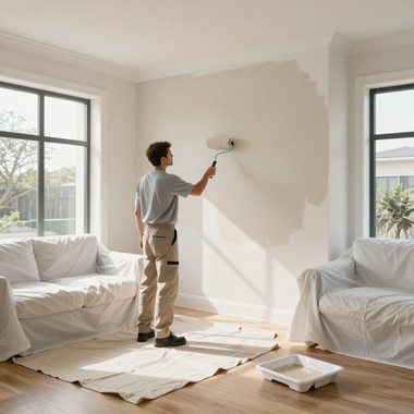 Person painting a white wall in a bright living room with covered furniture and drop cloths