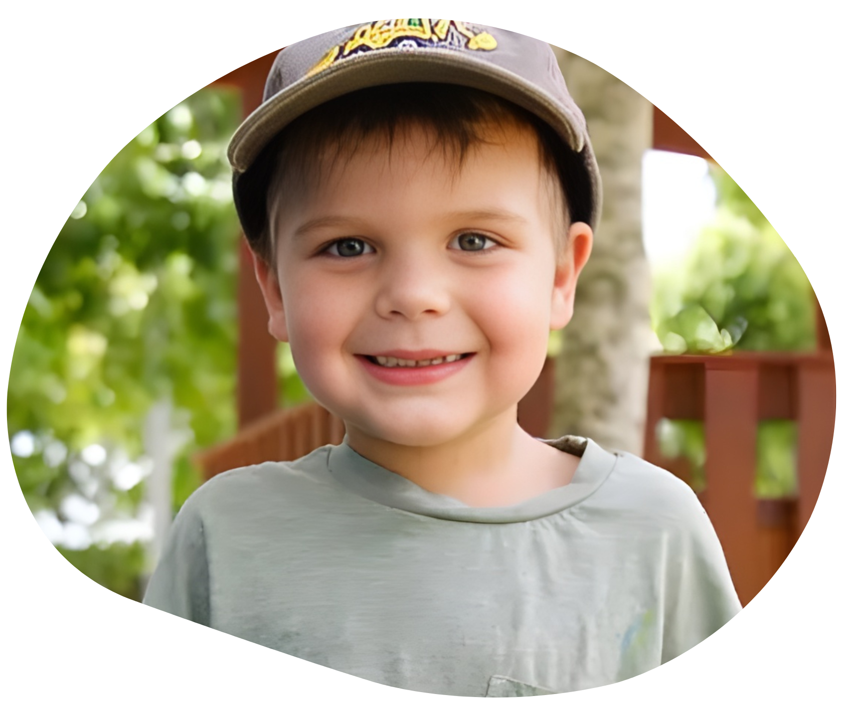 Smiling child wearing a cap and green shirt, in front of a blurred wooden structure and foliage.