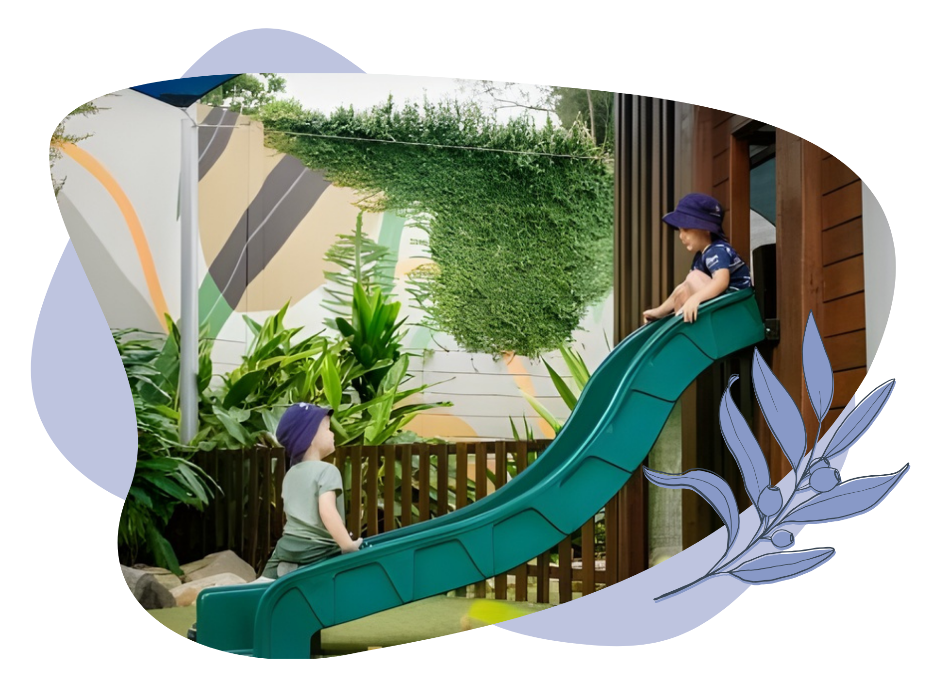 Children playing on a green slide in an outdoor play area; one child slides down.