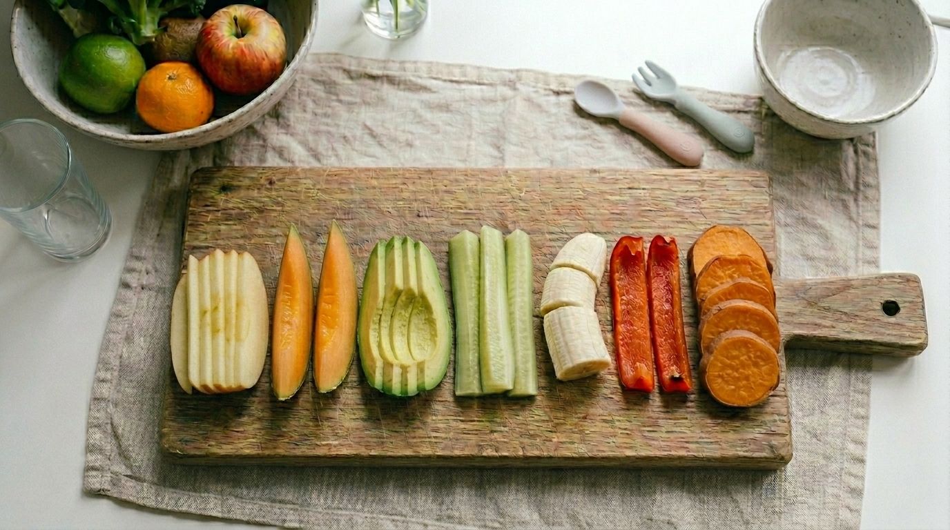 Fruit and vegetables cut up into wedges for baby-led weaning.