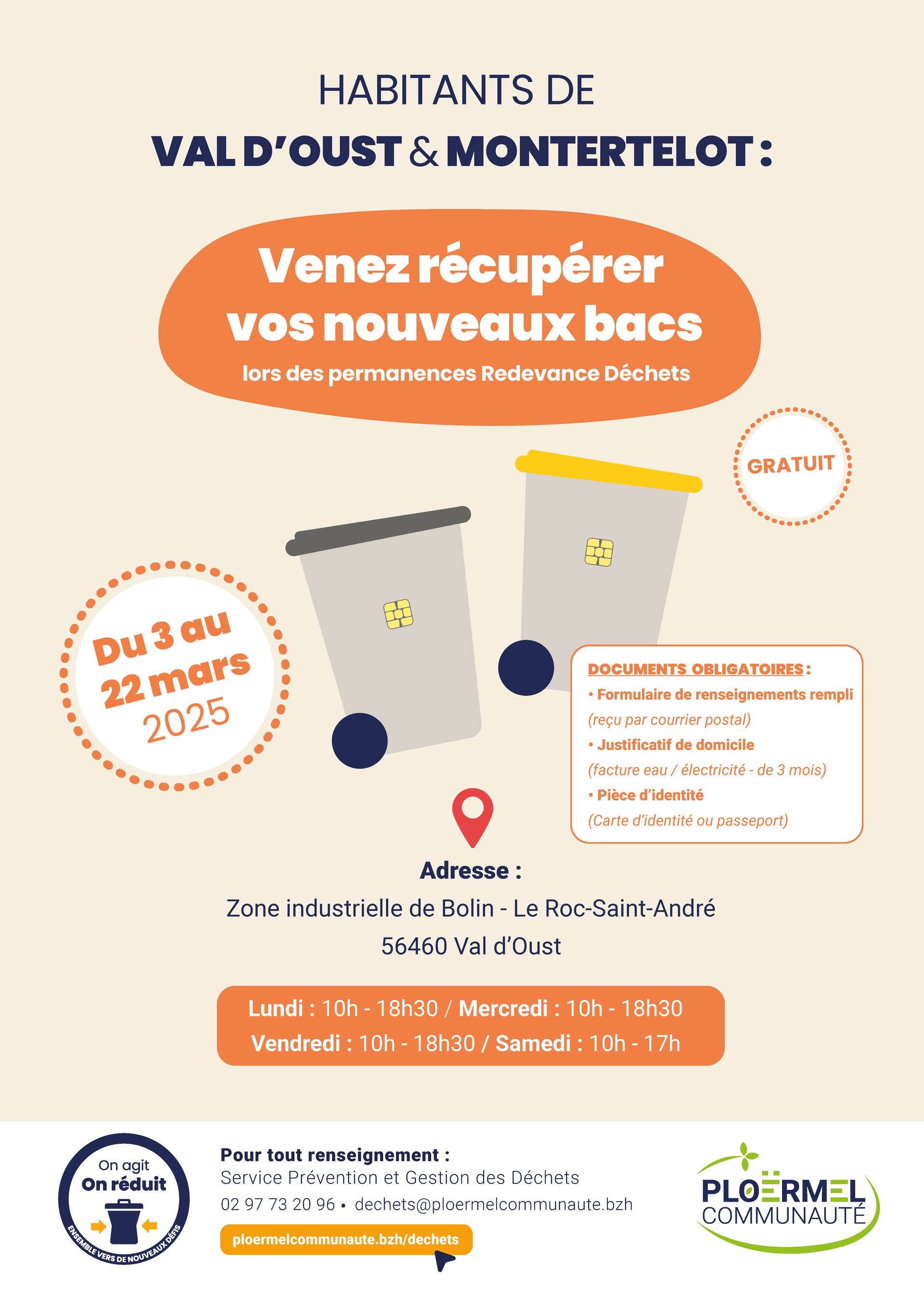 La distribution des nouveaux bacs à déchets (jaune et gris) + carte déchetterie, du 3 au 22 mars