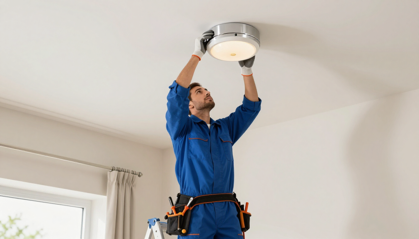 Electrician installing a ceiling light fixture on a white ceiling in a room