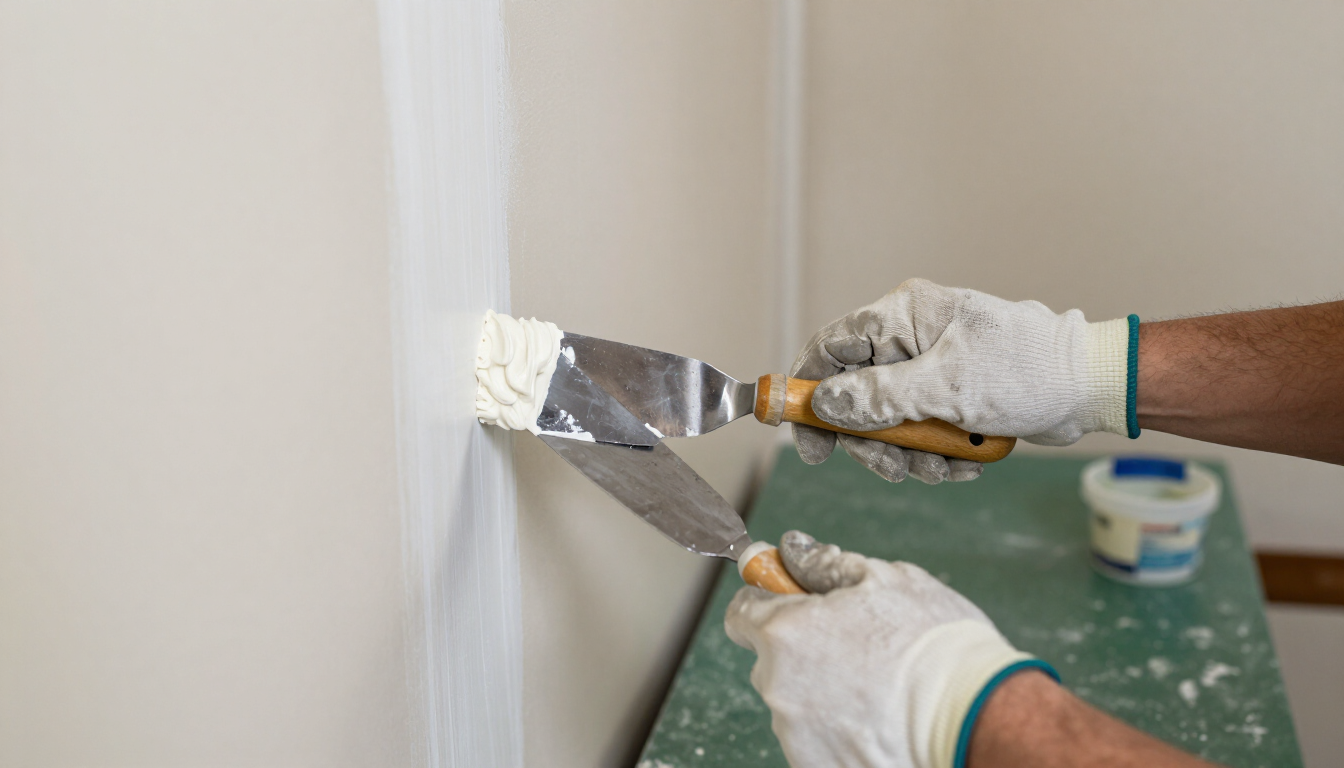 Gloved hands using a putty knife to apply drywall compound to a wall seam