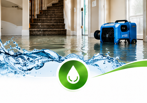 Flooded indoor staircase with blue water pump and green water droplet icon at bottom