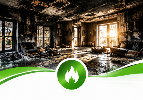 Burned-out room with charred walls and bright windows, above a green flame logo banner