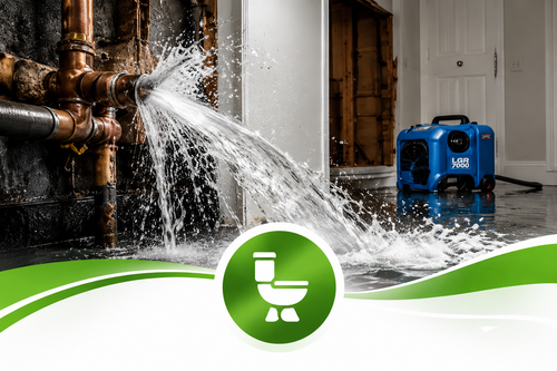 Blue water pump spraying water from a burst pipe in a flooded room with green logo banner at bottom