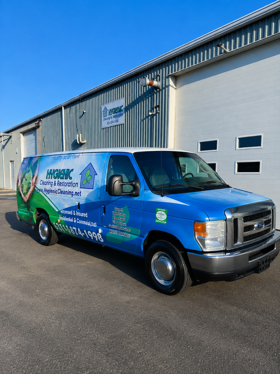 Blue-and-green service van parked outside a warehouse on a sunny day