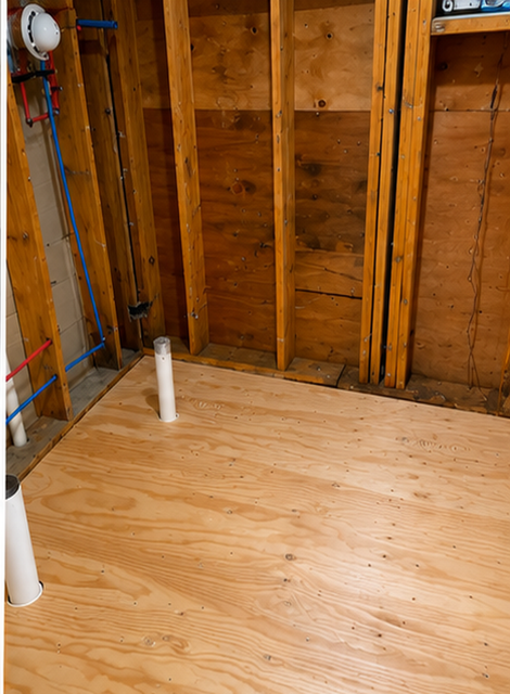 Unfinished room with exposed wood studs and plywood subfloor, plus white plumbing pipes.