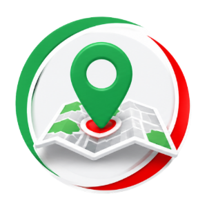 Green location pin on a folded map, surrounded by a red and green circular arrow icon.