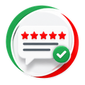 Five red stars on a review card with a green checkmark, surrounded by green and red circular accents