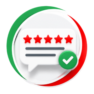 Five red stars on a review card with a green checkmark, surrounded by green and red circular accents