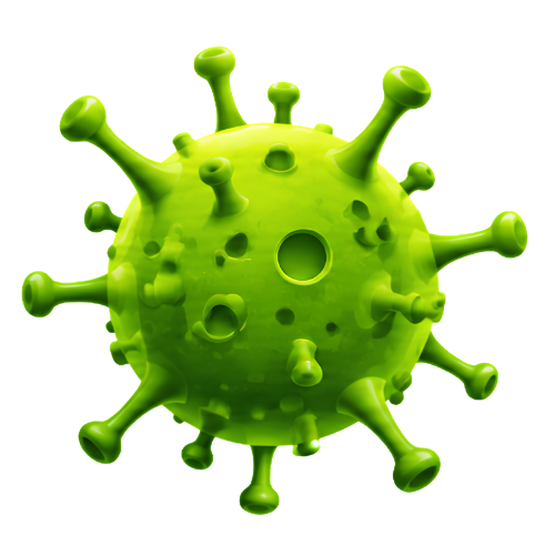 Bright green 3D virus particle with spike-like protrusions, isolated on a white background