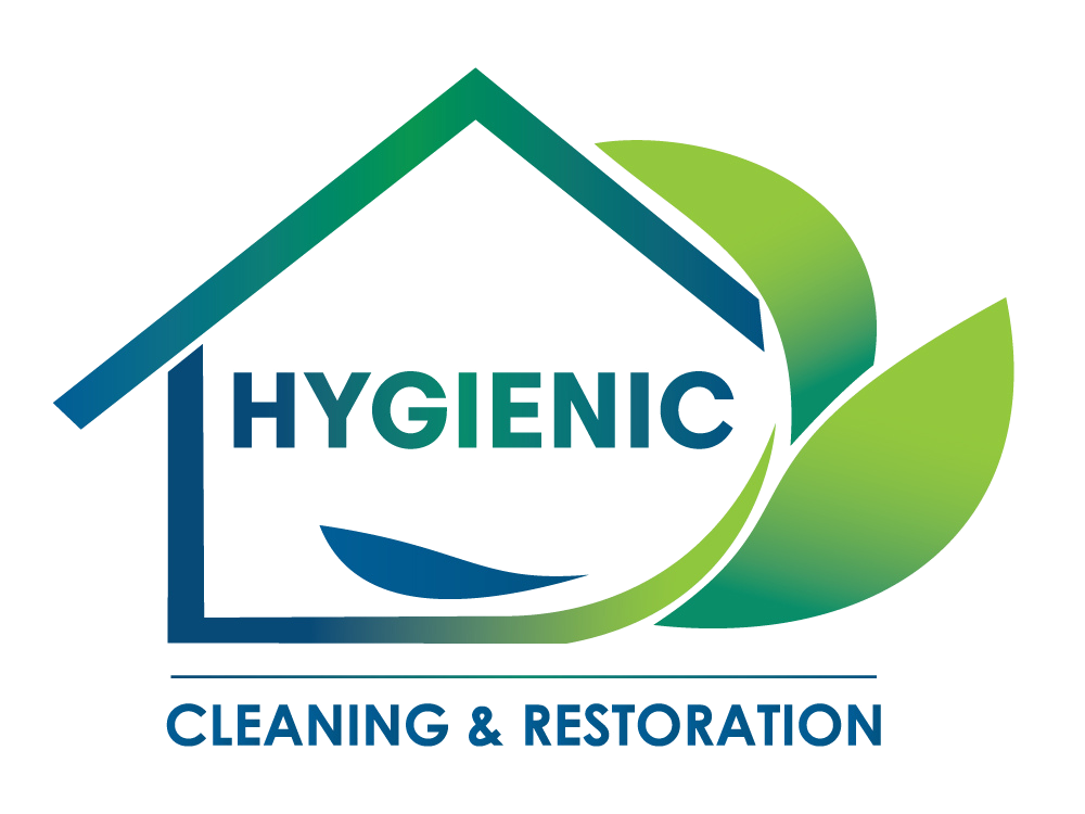 Hygienic Cleaning & Restoration logo with blue house roof and green leaf shapes