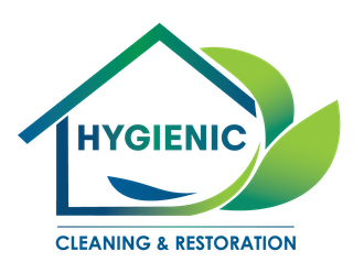 Hygienic Cleaning & Restoration logo with blue house roof and green leaf shapes