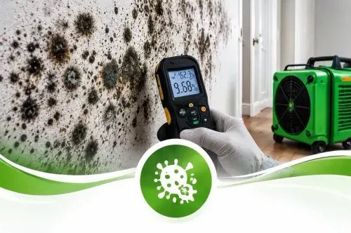 Mold on wall being tested with a handheld meter beside a green industrial dehumidifier