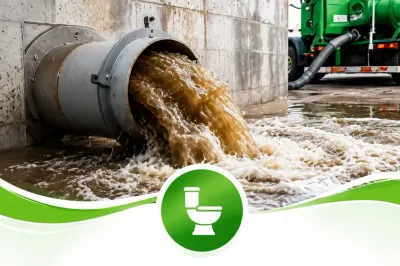 Sewage pipe discharging brown water into a drain beside a concrete wall with a green toilet icon overlay