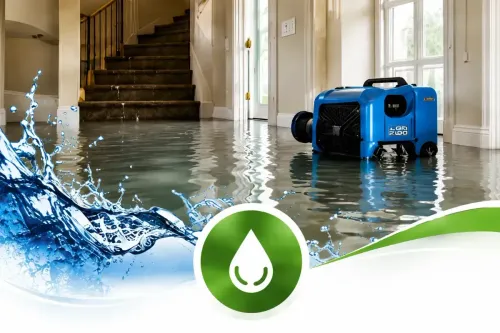 Flooded home interior with a blue water pump and water splash graphic