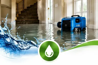 Flooded home interior with blue water pump and water splashing, suggesting water damage cleanup