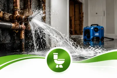 Burst water pipe spraying in a room with a blue pump and green plumbing icon banner