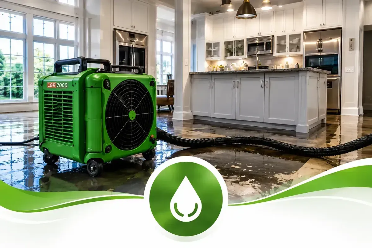 Green water-damage restoration machine in a flooded kitchen with wet floors and white cabinets