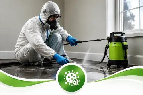 Worker in protective suit pressure washing a floor with a green cleaning machine