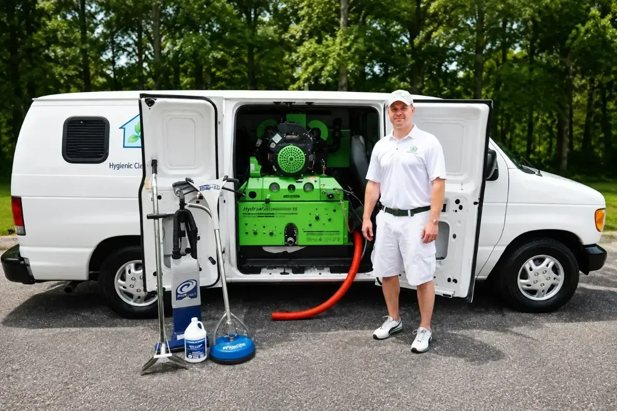 White service van with open side compartment showing green equipment; worker stands beside it outdoors.