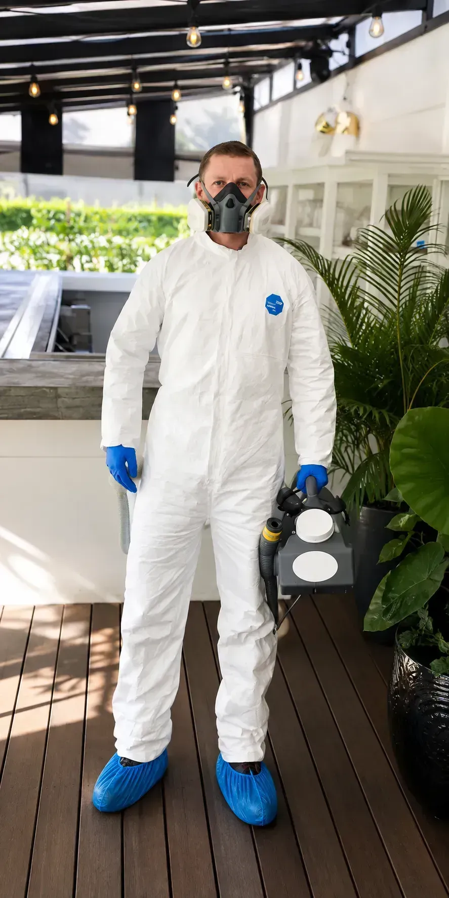 Person in white protective suit, blue gloves and shoe covers, holding a sprayer on a wooden deck.