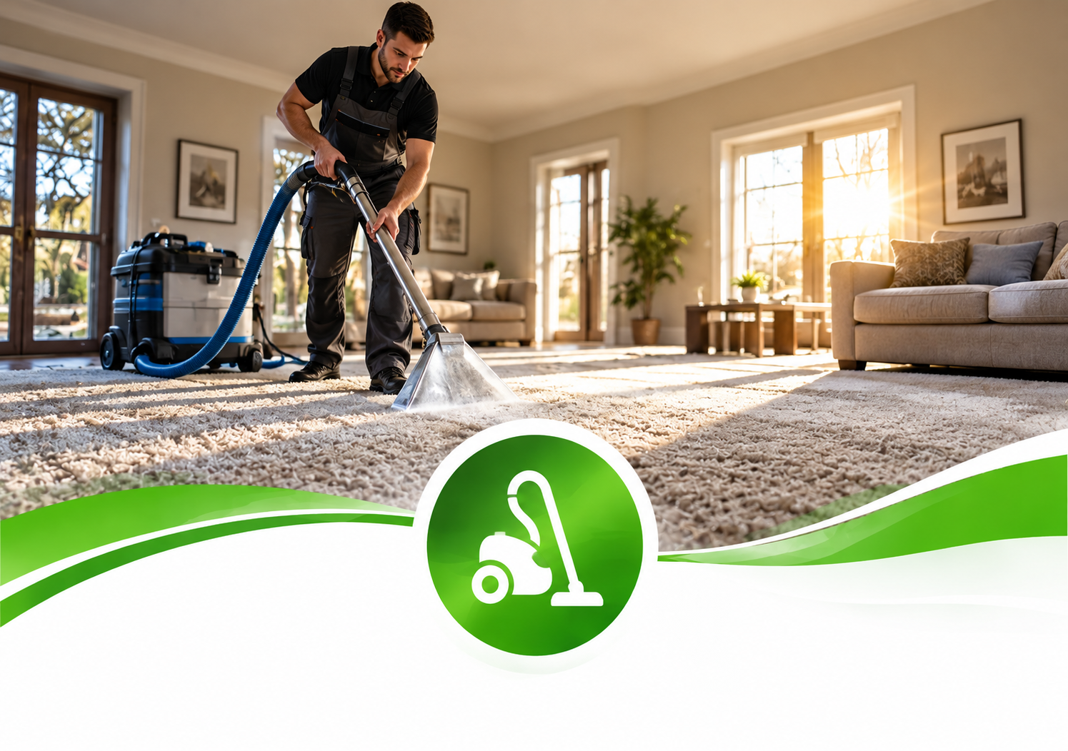 Carpet cleaner vacuuming a bright living room with a blue machine and large windows