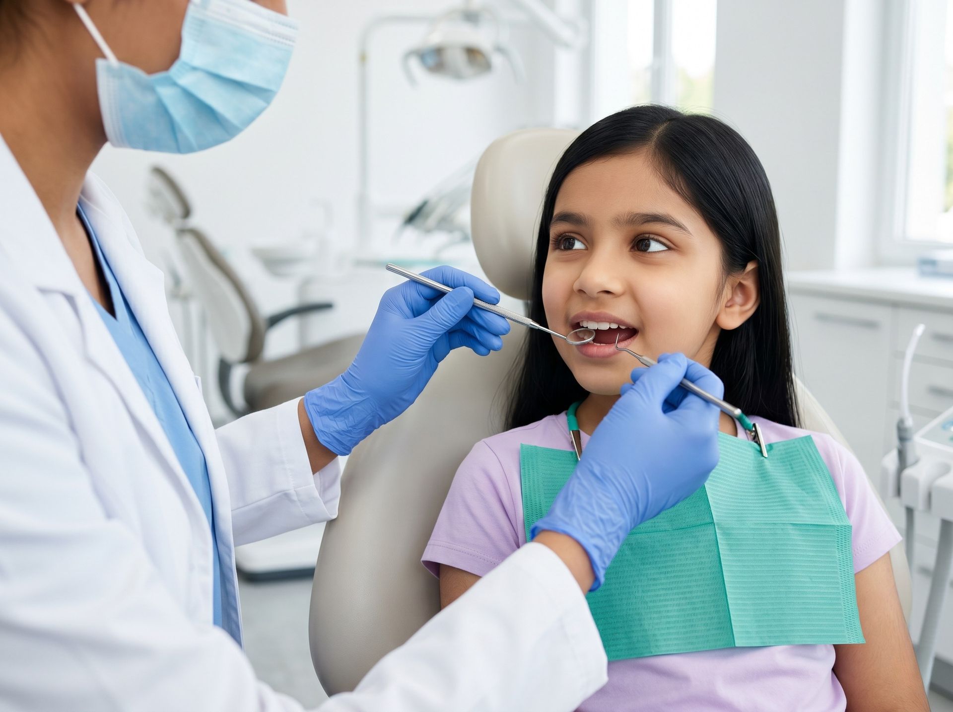 Pediatric dentist wearing blue gloves examines a smiling young girl's teeth using two dental tools.