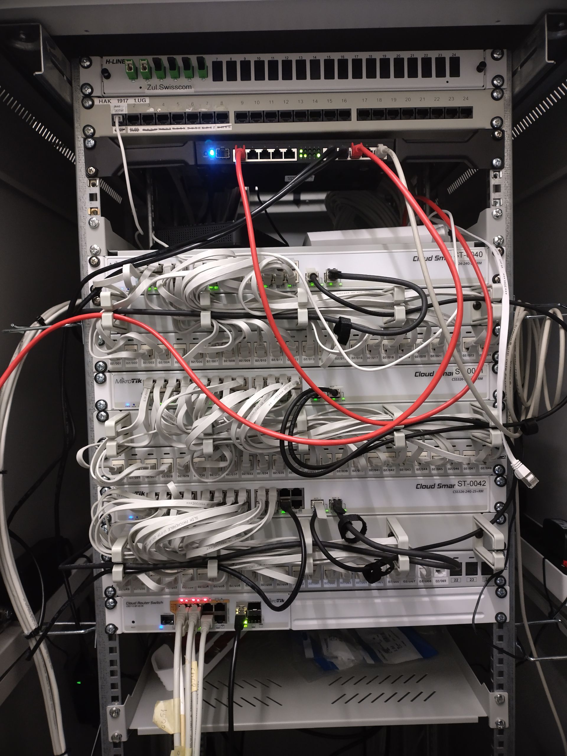 Offener Serverschrank mit einem Kabelgewirr aus roten und grauen Netzwerkkabeln und Geräten im Inneren